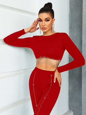 Glamaker Solid Crop Top & Split Thigh Pants Set