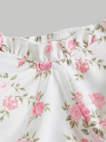 MOD Floral Print Frill Trim Sweetheart Neck Bishop Sleeve Crop Blouse