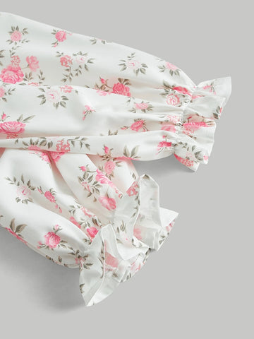 MOD Floral Print Frill Trim Sweetheart Neck Bishop Sleeve Crop Blouse