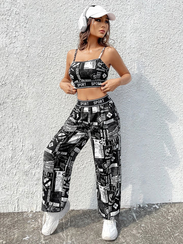 EZwear Letter Graphic Cami Top & Sweatpants