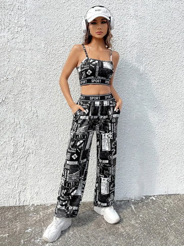 EZwear Letter Graphic Cami Top & Sweatpants