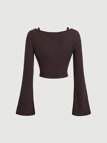 Sweetheart Neck Ruched Bust Flounce Sleeve Crop Tee