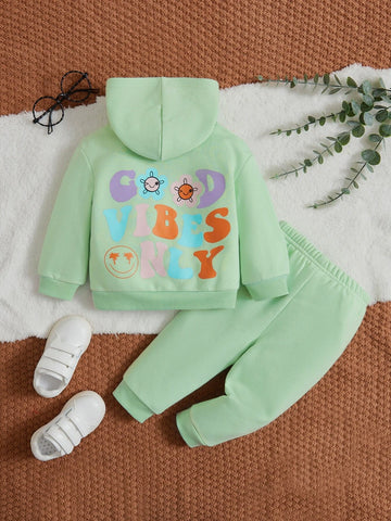 Baby Cartoon Face & Floral Print Hoodie & Sweatpants