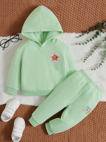 Baby Cartoon Face & Floral Print Hoodie & Sweatpants
