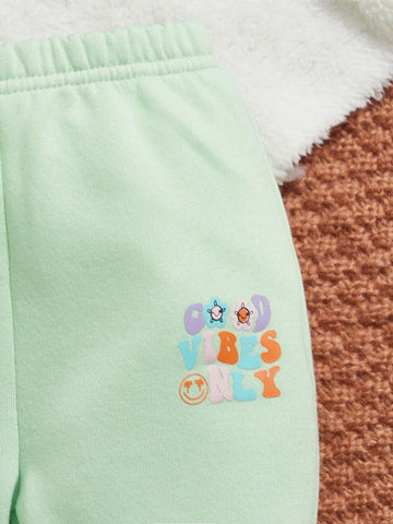 Baby Cartoon Face & Floral Print Hoodie & Sweatpants