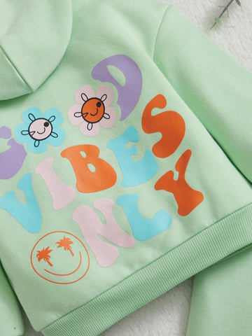Baby Cartoon Face & Floral Print Hoodie & Sweatpants