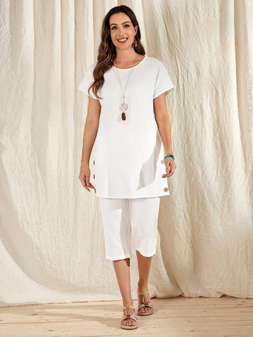 EMERY ROSE Solid Button Side Top & Capris Pants