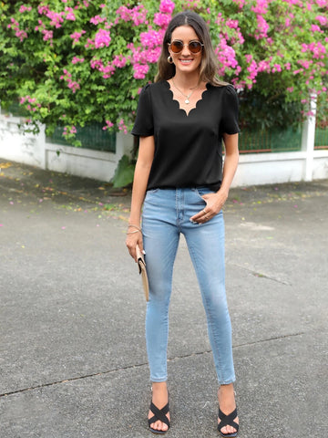 EMERY ROSE Scallop Trim Puff Sleeve Blouse