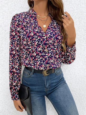 Frenchy Ditsy Floral Print Notched Neckline Blouse