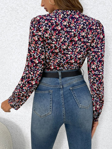 Frenchy Ditsy Floral Print Notched Neckline Blouse