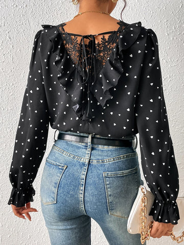 Heart Print Guipure Lace Insert Ruffle Trim Flounce Sleeve Blouse
