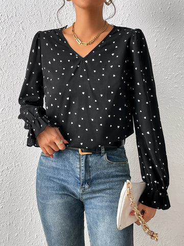 Heart Print Guipure Lace Insert Ruffle Trim Flounce Sleeve Blouse
