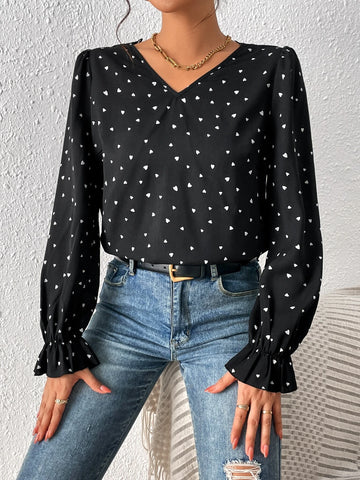 Heart Print Guipure Lace Insert Ruffle Trim Flounce Sleeve Blouse