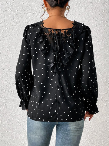Heart Print Guipure Lace Insert Ruffle Trim Flounce Sleeve Blouse