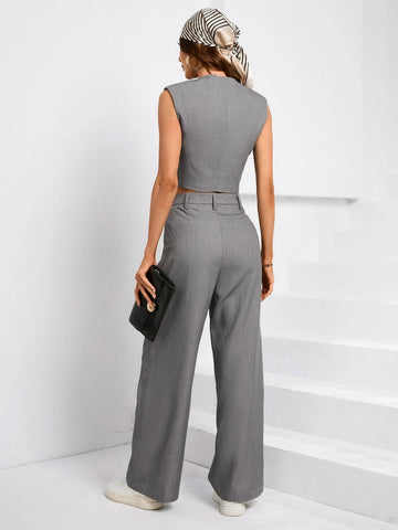 Button Front Vest Blazer & Slant Pocket Wide Leg Pants