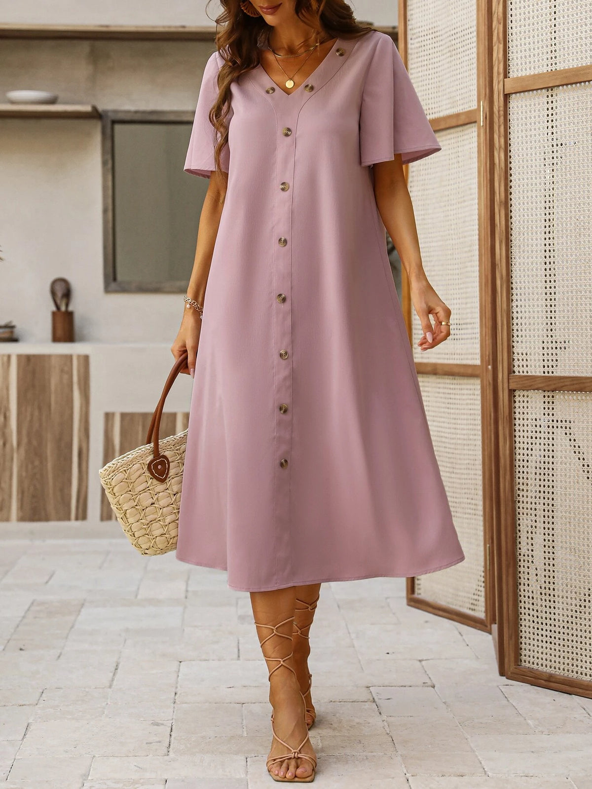 Solid Button Front Tunic Dress