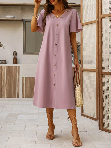 Solid Button Front Tunic Dress
