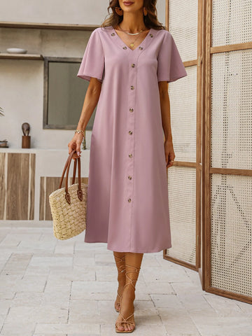 Solid Button Front Tunic Dress