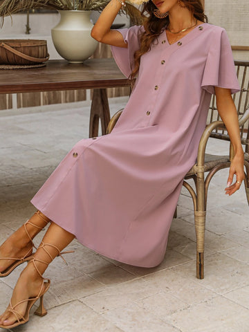 Solid Button Front Tunic Dress