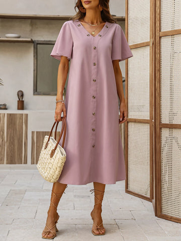 Solid Button Front Tunic Dress
