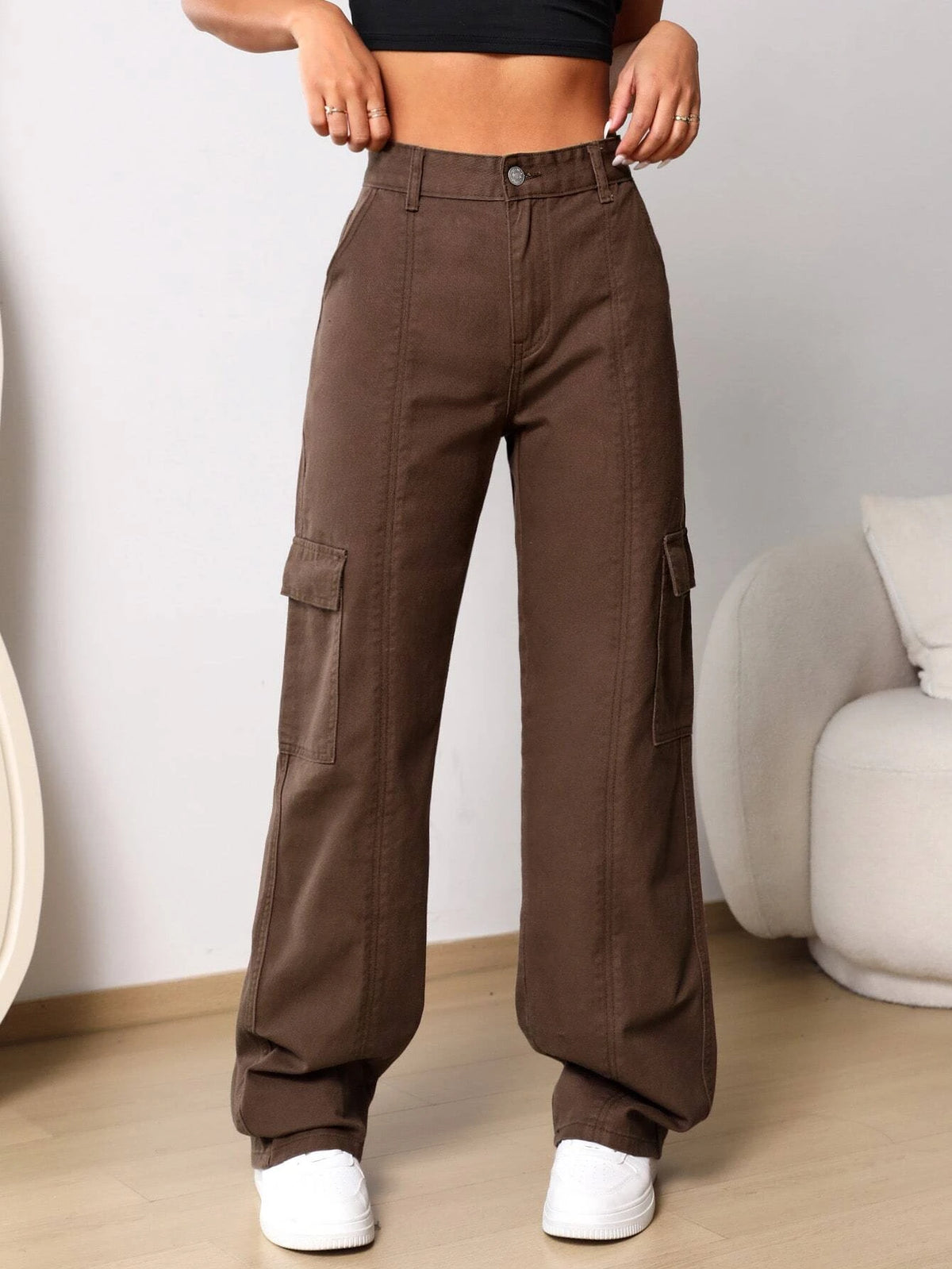 High Waist Flap Pocket Cargo Jeans