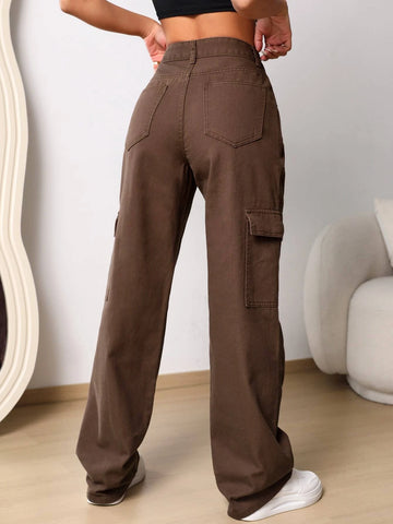 High Waist Flap Pocket Cargo Jeans