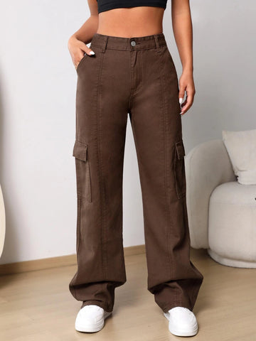 High Waist Flap Pocket Cargo Jeans