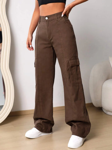 High Waist Flap Pocket Cargo Jeans