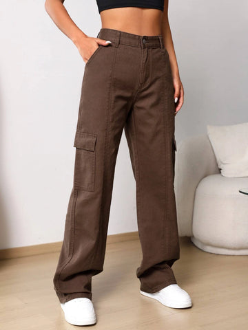 High Waist Flap Pocket Cargo Jeans