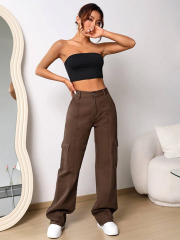 High Waist Flap Pocket Cargo Jeans
