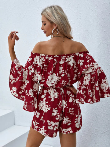 VCAY Floral Print Off Shoulder Romper