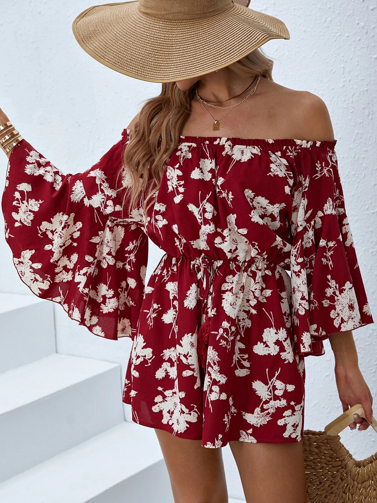 VCAY Floral Print Off Shoulder Romper