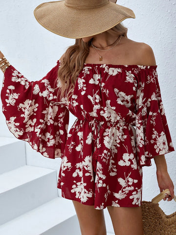 VCAY Floral Print Off Shoulder Romper