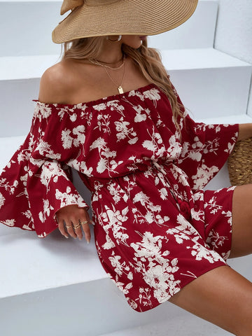 VCAY Floral Print Off Shoulder Romper