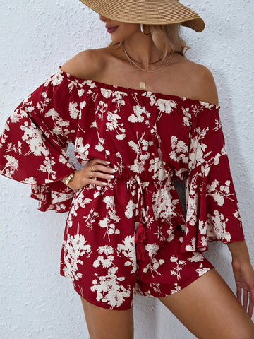 VCAY Floral Print Off Shoulder Romper