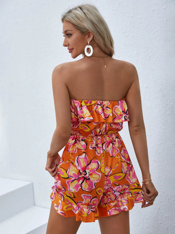 VCAY Floral Print Ruffle Trim Tube Romper