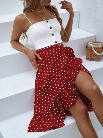VCAY Solid Button Front Cami Top & Polka Dot Ruffle Hem Skirt