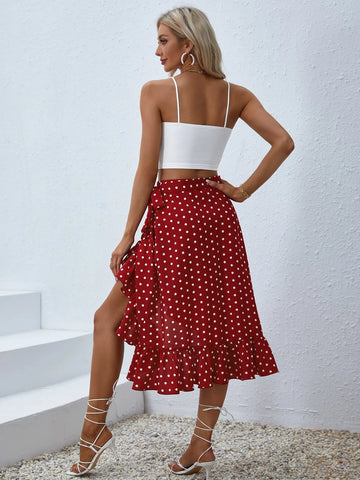 VCAY Solid Button Front Cami Top & Polka Dot Ruffle Hem Skirt