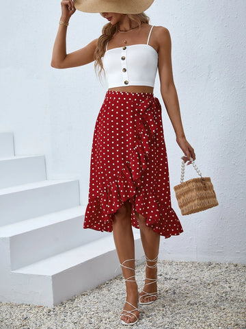 VCAY Solid Button Front Cami Top & Polka Dot Ruffle Hem Skirt