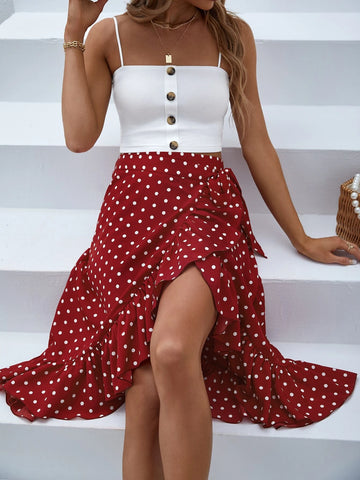 VCAY Solid Button Front Cami Top & Polka Dot Ruffle Hem Skirt