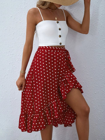 VCAY Solid Button Front Cami Top & Polka Dot Ruffle Hem Skirt