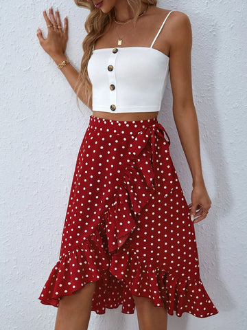 VCAY Solid Button Front Cami Top & Polka Dot Ruffle Hem Skirt