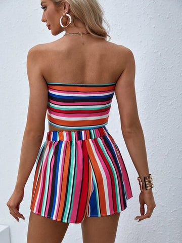 VCAY Striped Print Tube Top & Shorts Set