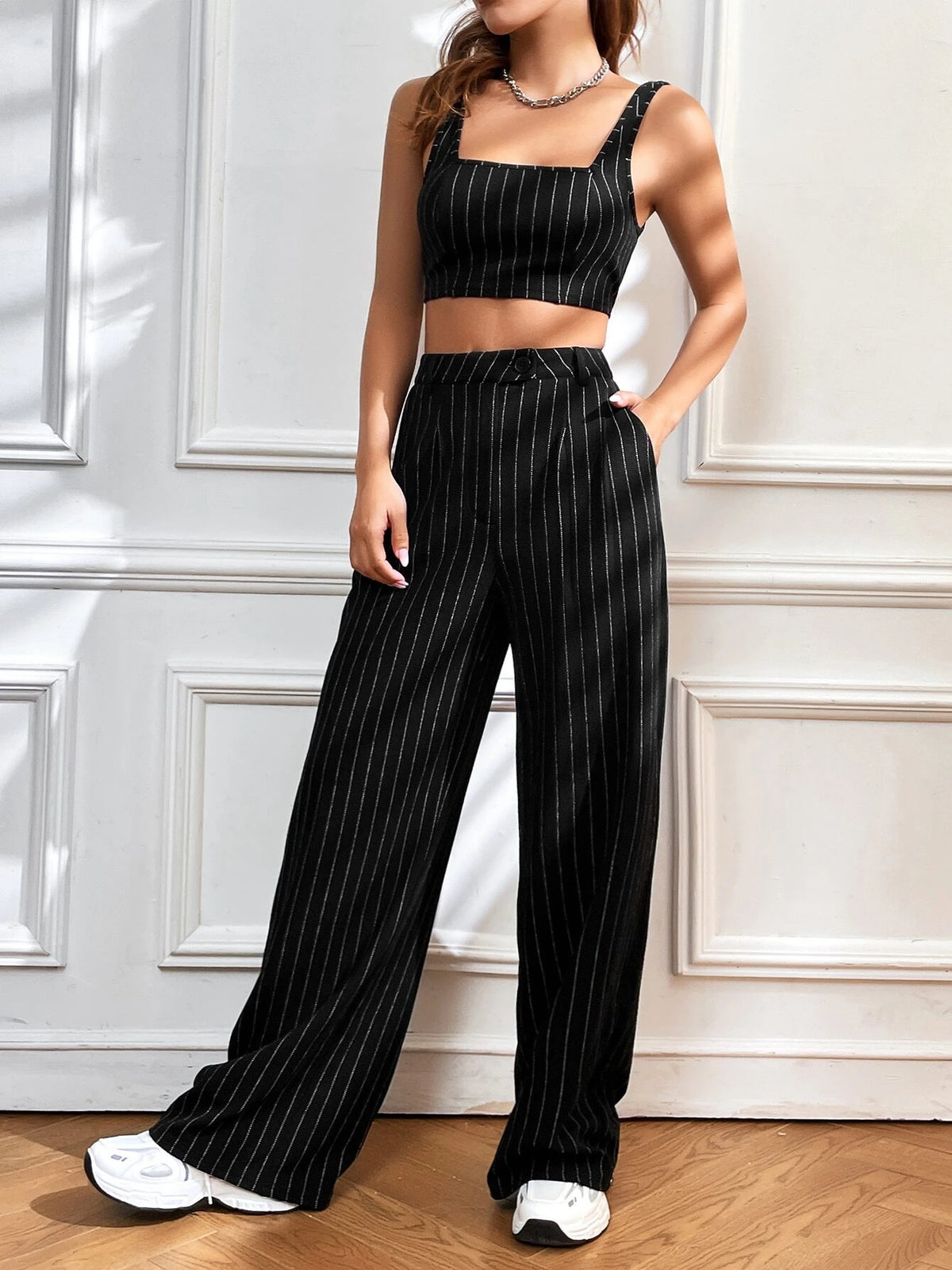 EZwear Striped Print Crop Tank Top & Wide Leg Pants