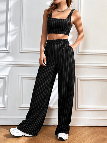 EZwear Striped Print Crop Tank Top & Wide Leg Pants