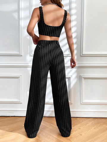 EZwear Striped Print Crop Tank Top & Wide Leg Pants