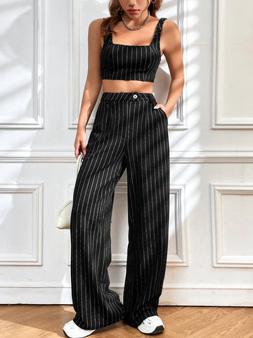 EZwear Striped Print Crop Tank Top & Wide Leg Pants