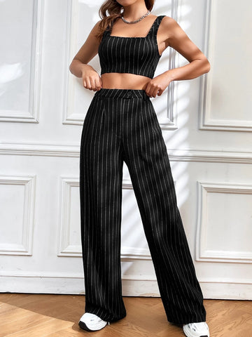 EZwear Striped Print Crop Tank Top & Wide Leg Pants