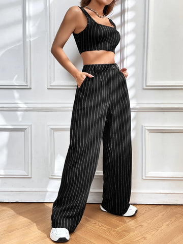 EZwear Striped Print Crop Tank Top & Wide Leg Pants