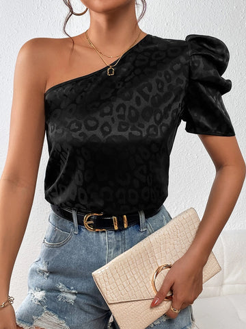 Unity Leopard Jacquard One Shoulder Puff Sleeve Blouse
